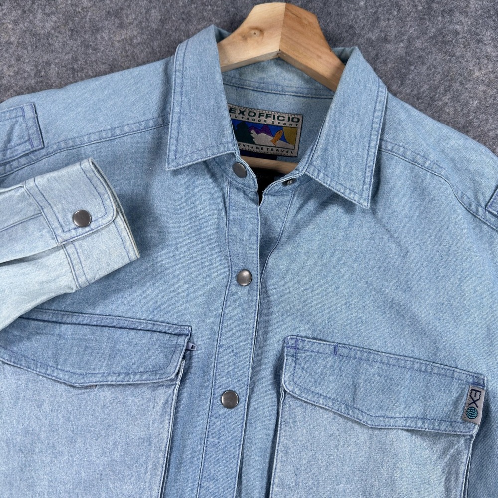 ExOfficio Shirt Womens Medium Blue Chambray Snap Front‎ Outdoor Roll Tab